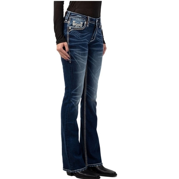 Rock Revival Easy Skinny Chile Blue Jeans Overstitched Luxury Slip Pocket Chic - Picture 13 of 16